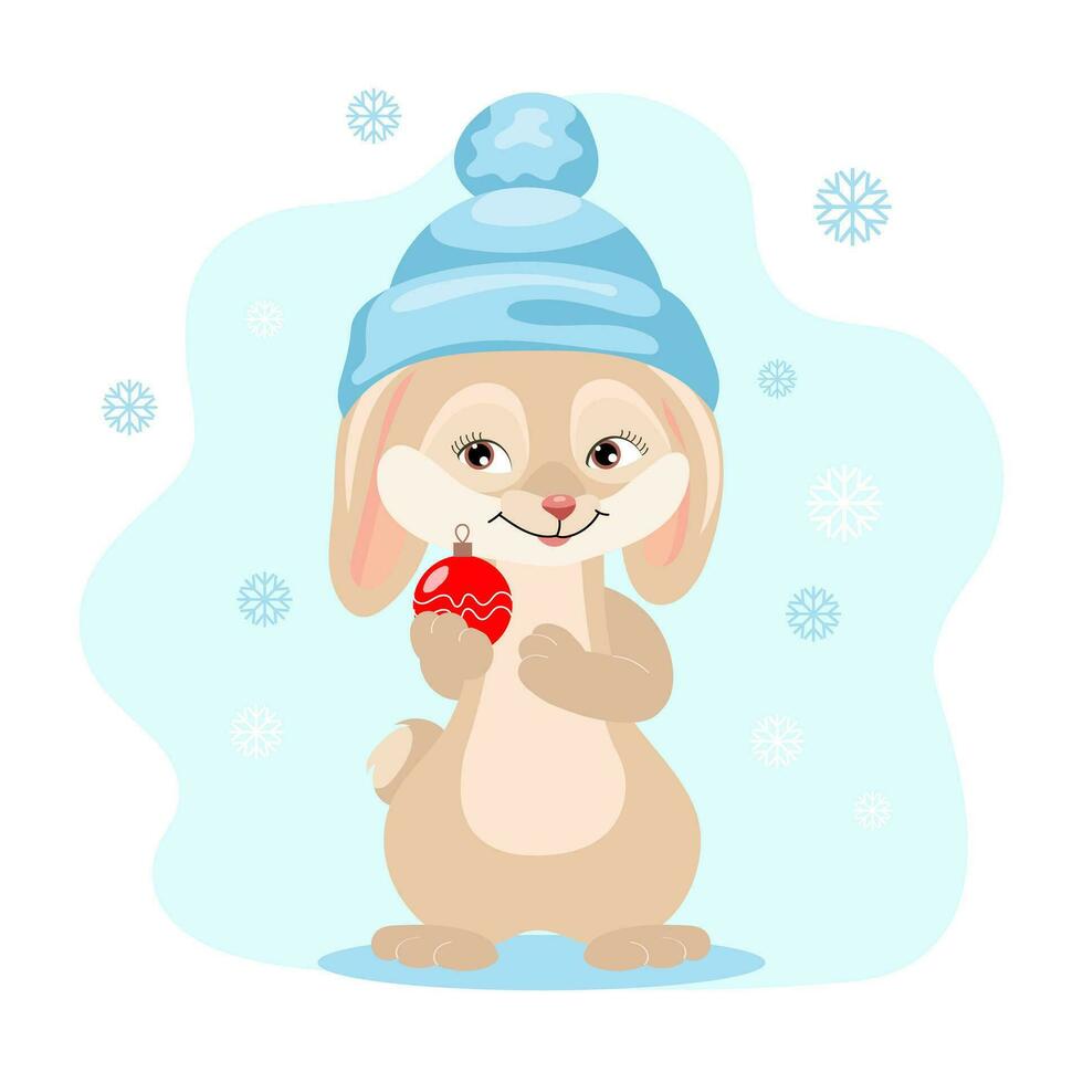 lindo conejito en un sombrero con una bola de Navidad sobre un fondo con copos de nieve. ilustración de navidad, impresión de niños, vector