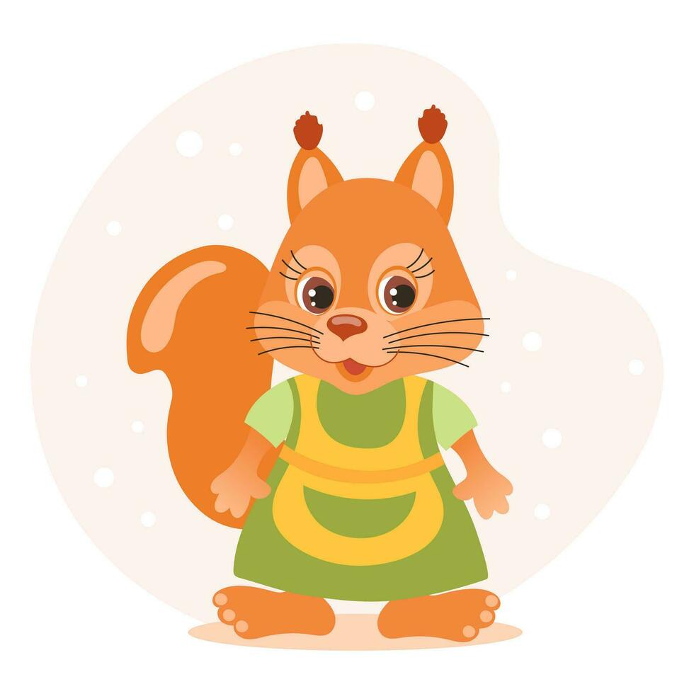 Cute cartoon squirrel character wearing a housewife's apron. Illustration in flat style. Baby print. Vector