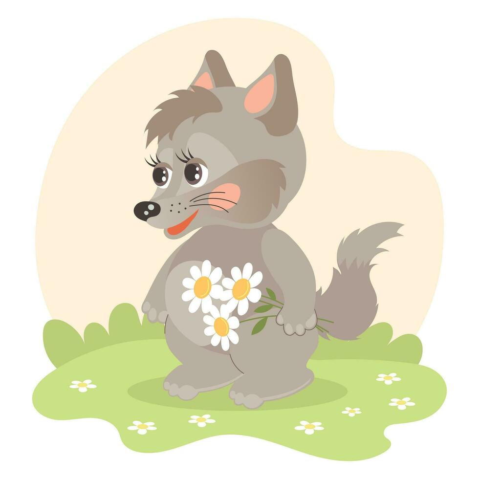 Cute cartoon baby wolf with a bouquet of flowers in a meadow with daisies. Illustration in flat style. Children's card. Vector