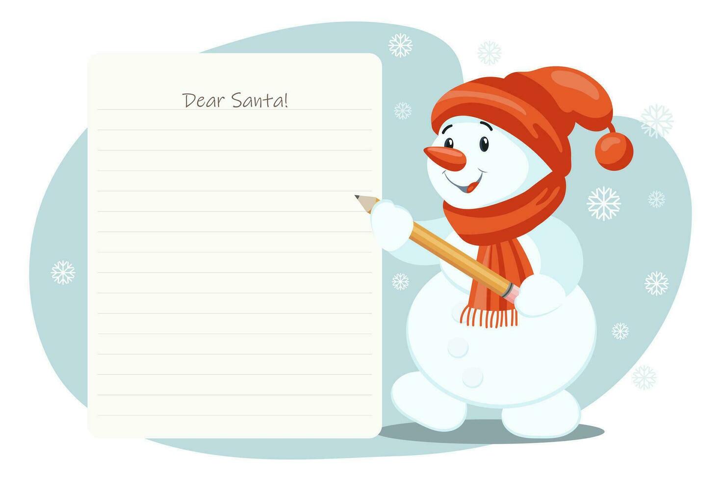 Letter template to Santa. A cute snowman in a scarf and hat with a pencil writes a letter to Santa. Cartoon illustration in flat style. Vector