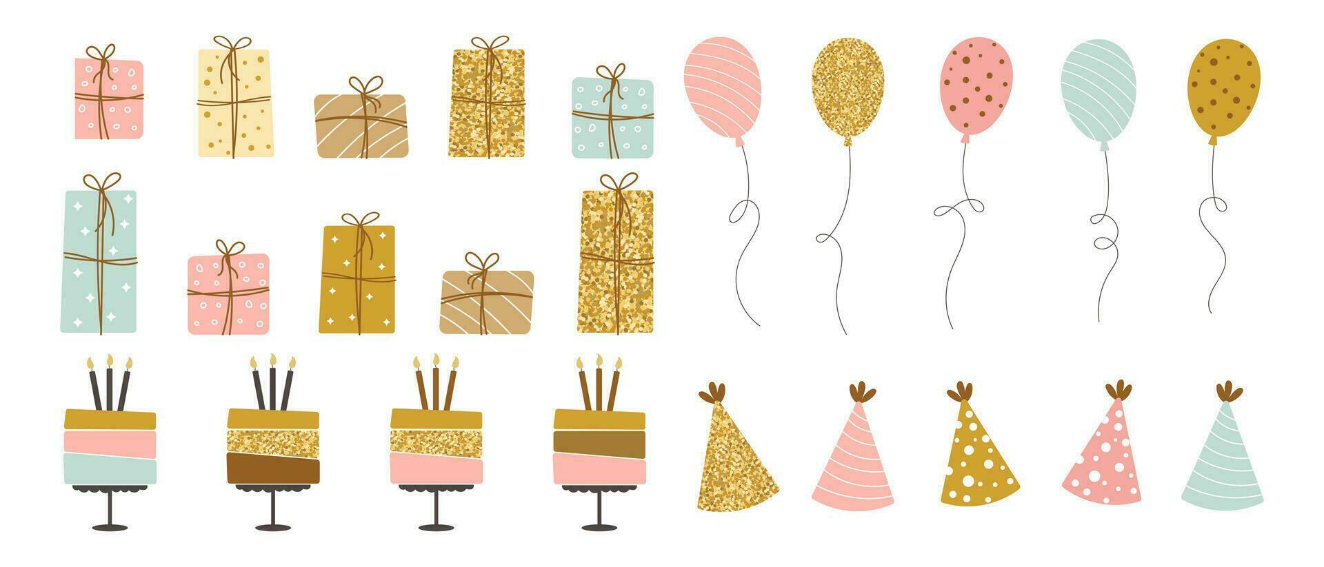 Happy birthday party elements collection. Cakes, balloons, gift boxes and party hats. Festive set in a simple style, decorative elements. Vector