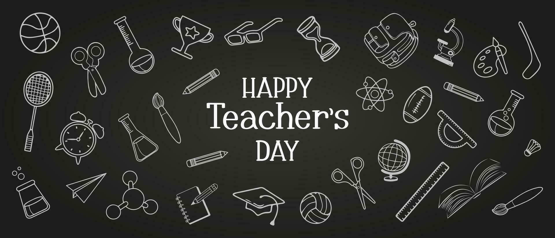 Happy Teachers Day. Lettering On the background of hand-drawn school items. Sketch, outline. Illustration for Teacher's Day, vector