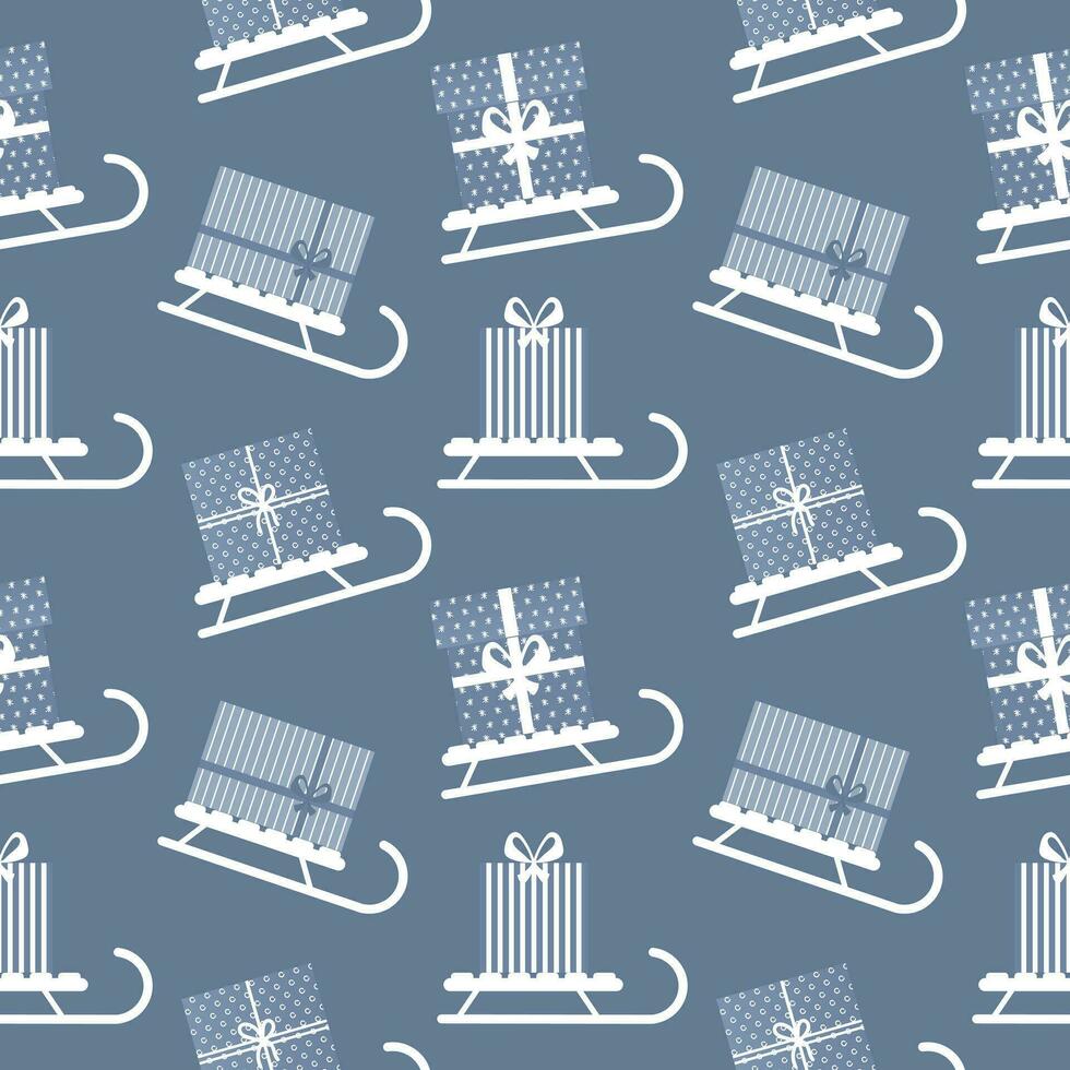 Seamless pattern, winter sleigh with gifts boxes. Blue and white design. Background, textile, vector