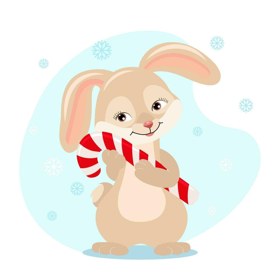 lindo conejito con dulces navideños en el fondo de los copos de nieve. ilustración de navidad, impresión de niños, vector