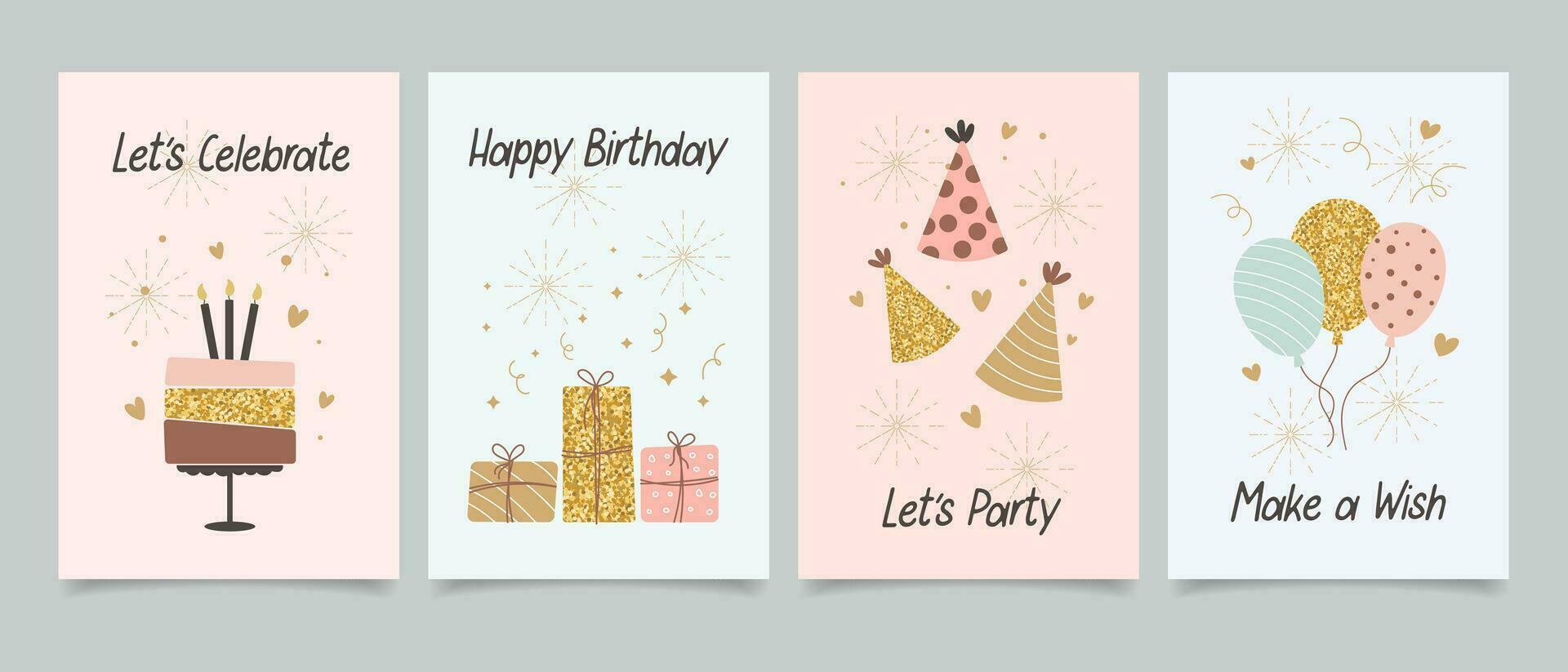 Happy birthday. Set of greeting cards with cakes, balloons, gifts and party hats with calligraphy. Cute congratulations templates in a simple style. Vector