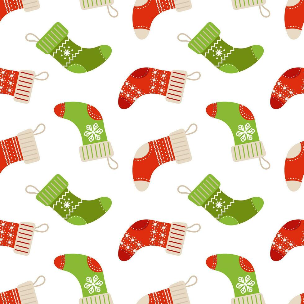 Seamless pattern, winter christmas socks with snowflake ornament. Background, print, vector