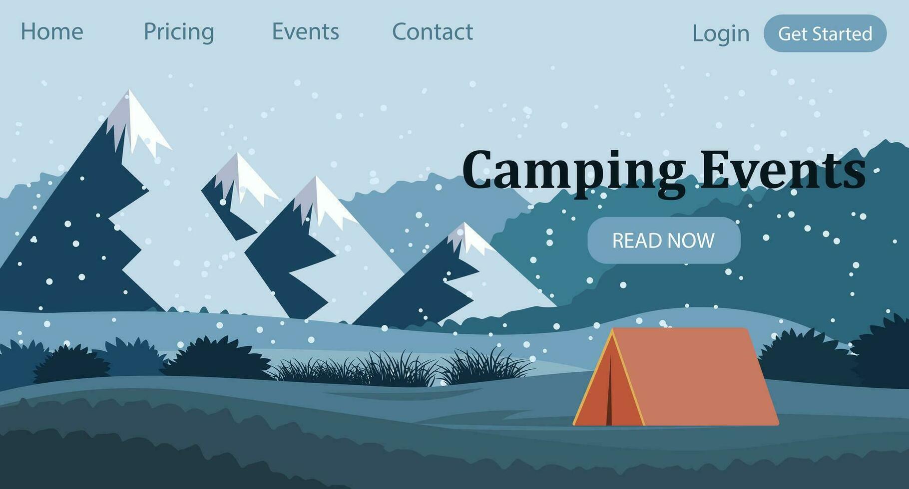 Camping events. Tourist tent against the backdrop of a mountain landscape. Banner, template, landing page. Illustration, vector