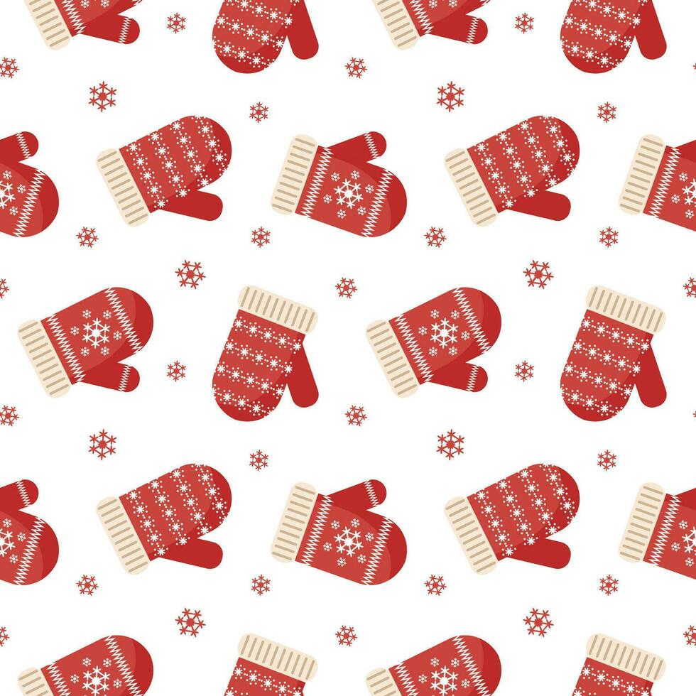 Seamless pattern, winter red christmas mittens with snowflake ornament. Background, print, vector