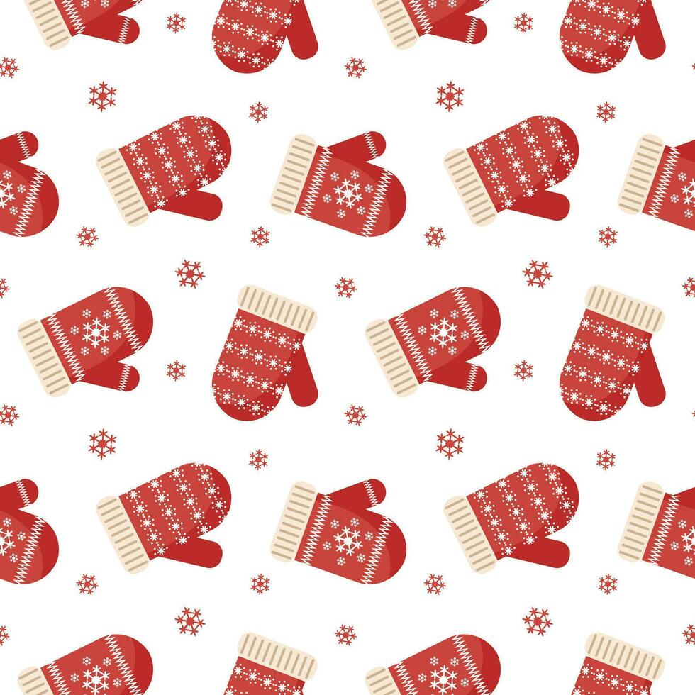 Seamless pattern, winter red christmas mittens with snowflake ornament. Background, print, vector