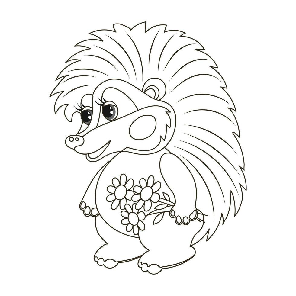 Cute cartoon baby hedgehog with a bouquet of flowers. Sketch, outline drawing for a coloring book. Vector