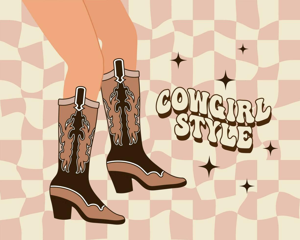 mujer piernas en vaquero botas con un ornamento. marrón occidental vaquera estilo botas y vaquera fiesta texto en un retro antecedentes. ilustración. vector