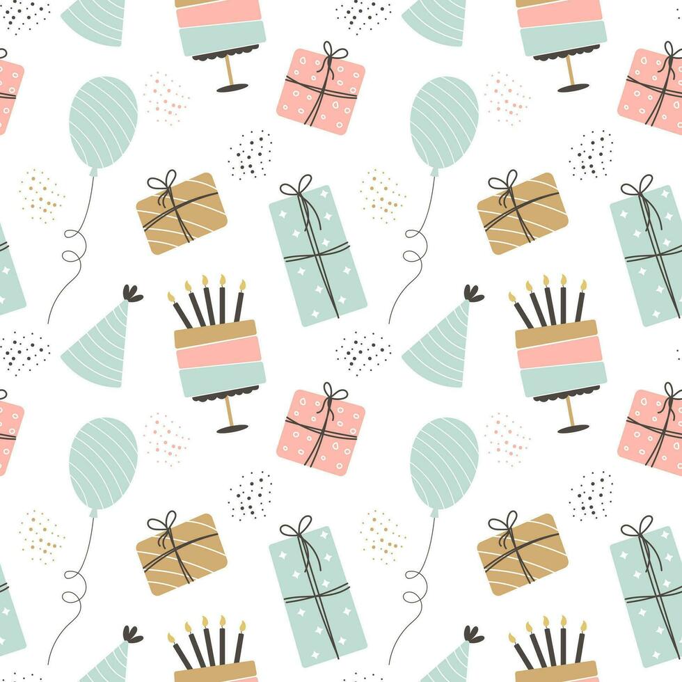 Seamless pattern Happy Birthday. Cakes, balloons, gift boxes and party hats. Festive background in simple style with golden sparkles, vector