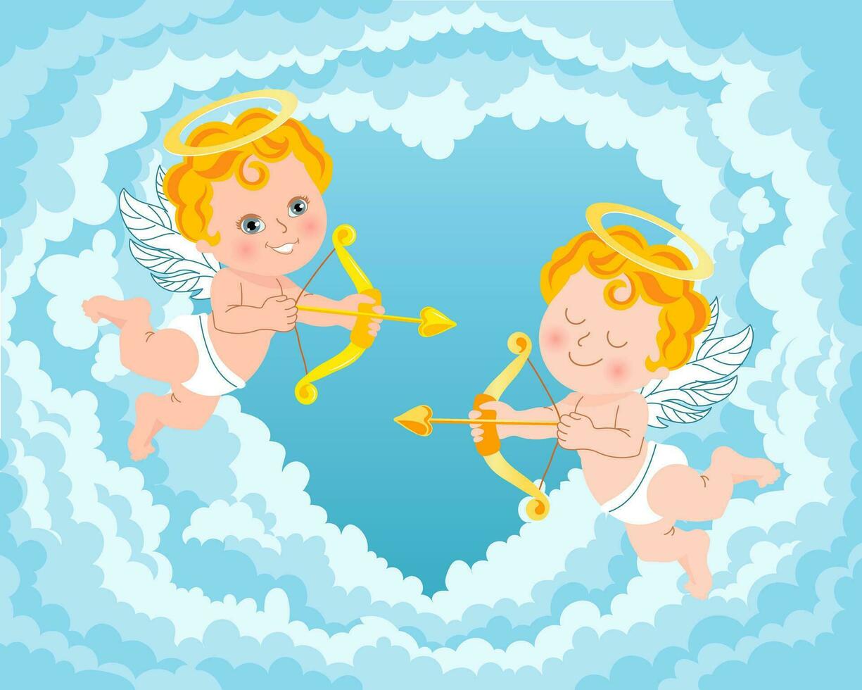 Cute cupid angels with bows and arrows in the clouds in the sky. Illustration for wedding, valentine, vector