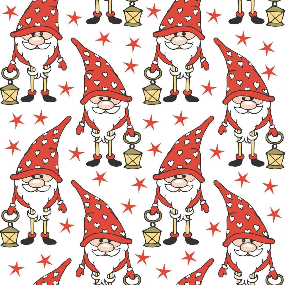 Seamless pattern, cute gnomes with lanterns. Print, children's textile, vector