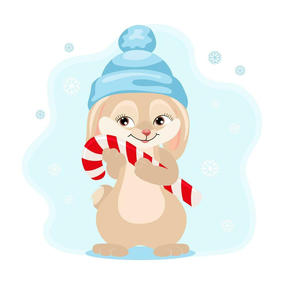 lindo conejito con dulces navideños en el fondo de los copos de nieve. ilustración de navidad, impresión de niños, vector