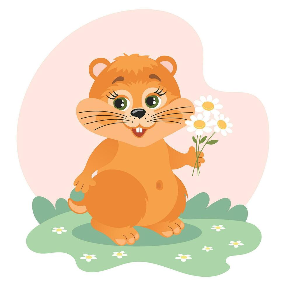 Cute cartoon chipmunk, hamster with a bouquet of flowers in a meadow with daisies. Illustration in flat style. Children's print. Vector
