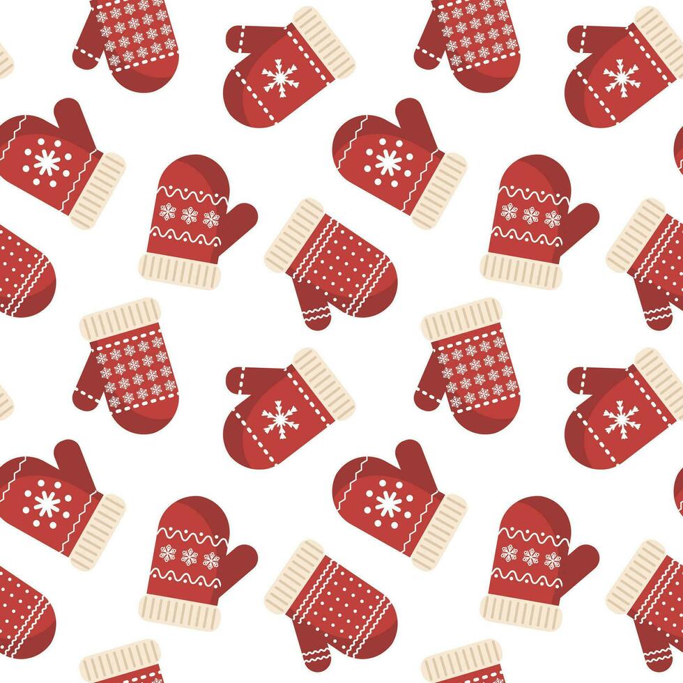Seamless pattern, winter red christmas mittens with snowflake ornament. Background, print, vector