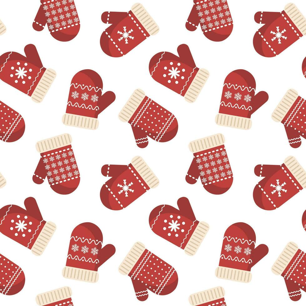 Seamless pattern, winter red christmas mittens with snowflake ornament. Background, print, vector