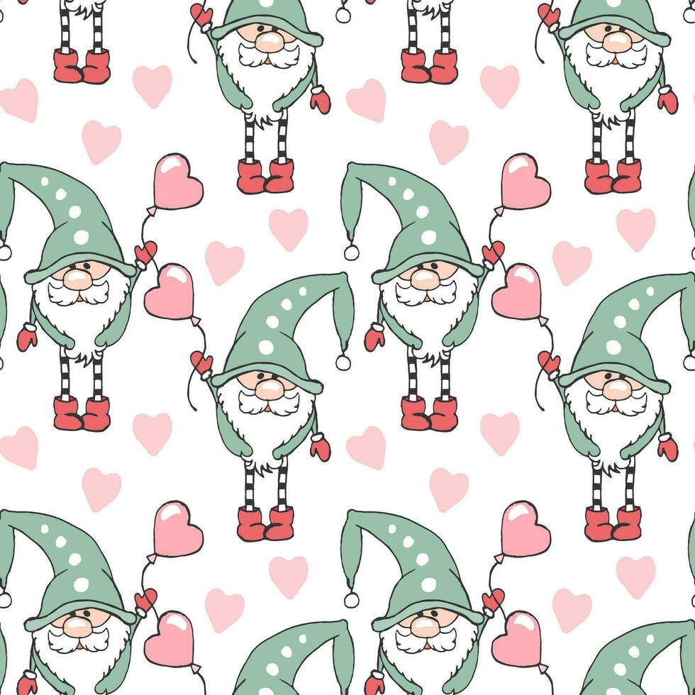 Seamless pattern, cute Christmas gnomes with heart balloons. Print, children's textile, vector