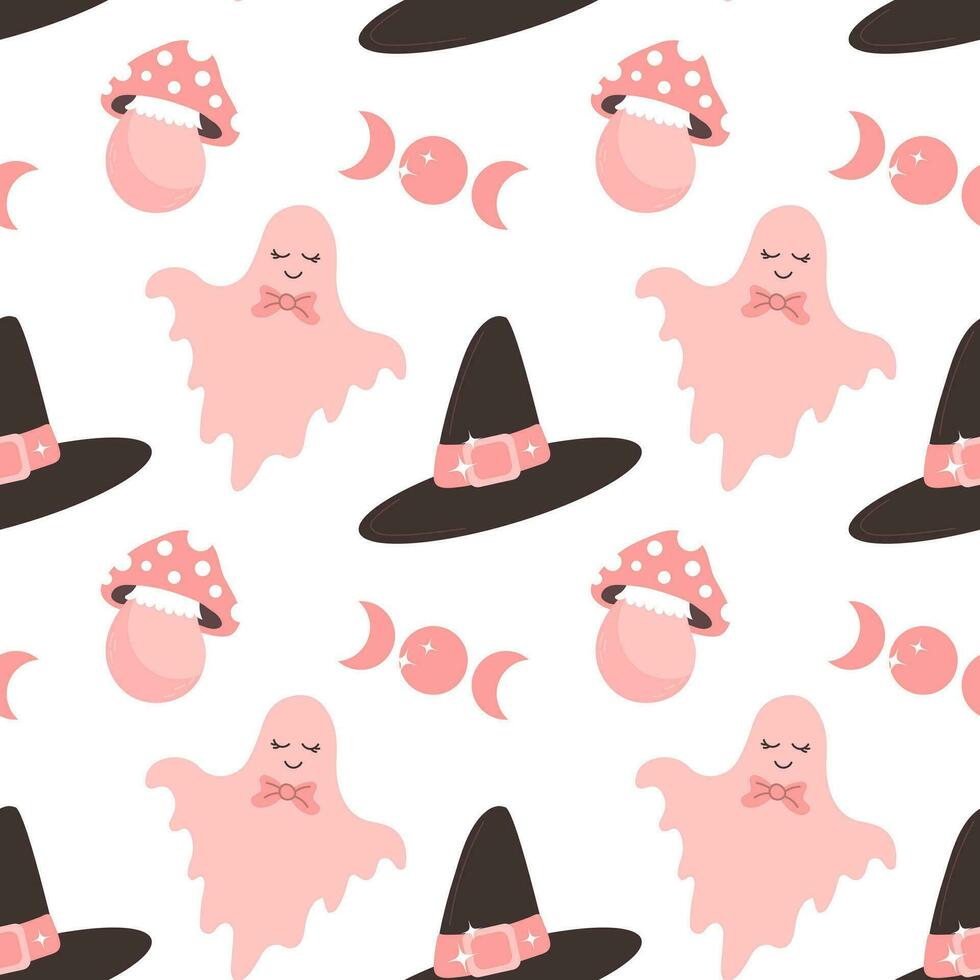 Halloween pink baby background. Seamless pattern with cute Halloween elements, ghosts, hat, moon, fly agaric mushrooms. Cartoon design in flat style. Vector