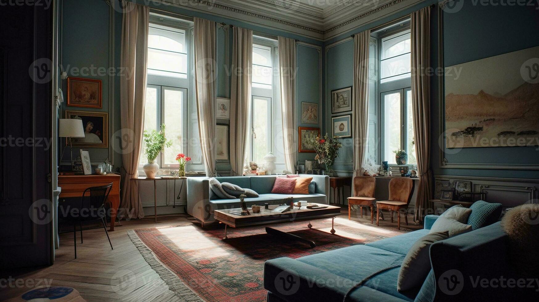 an elegant American living room in 1950s style   generative AI photo