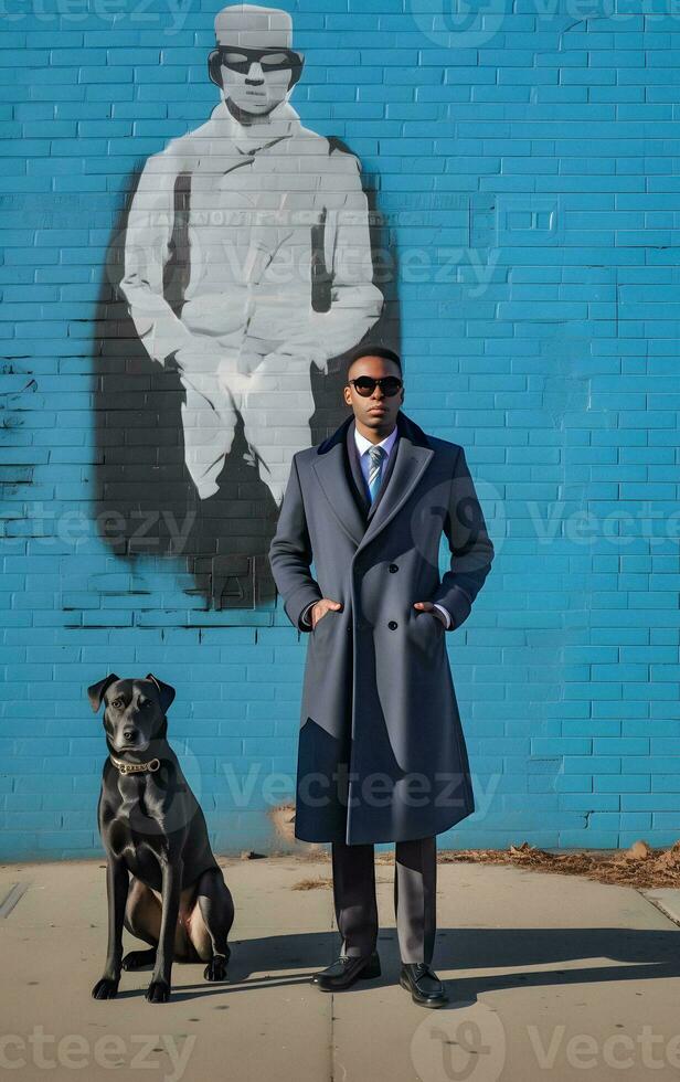 Elegant Black Man with American Style Coat and Large Dog   generative ai photo