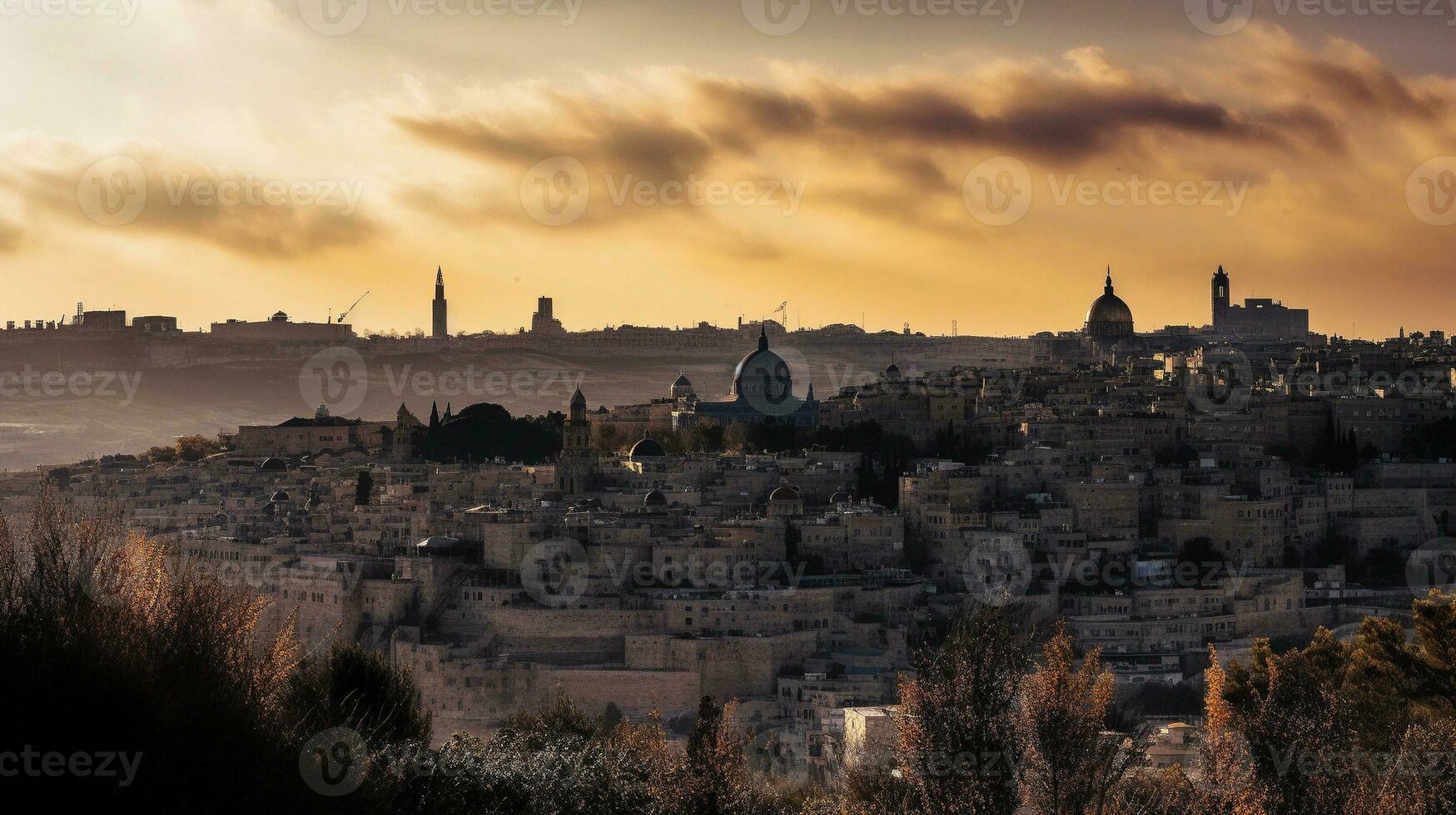 wide view of jerusalem at sunset   generative AI photo