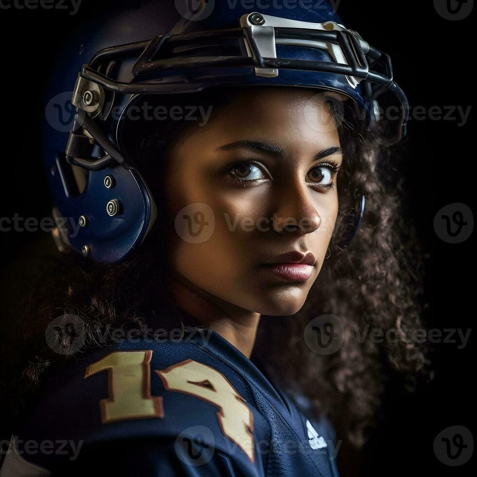 dinámica retrato de un hermosa americano hembra fútbol americano jugador con casco. generativo ai. foto