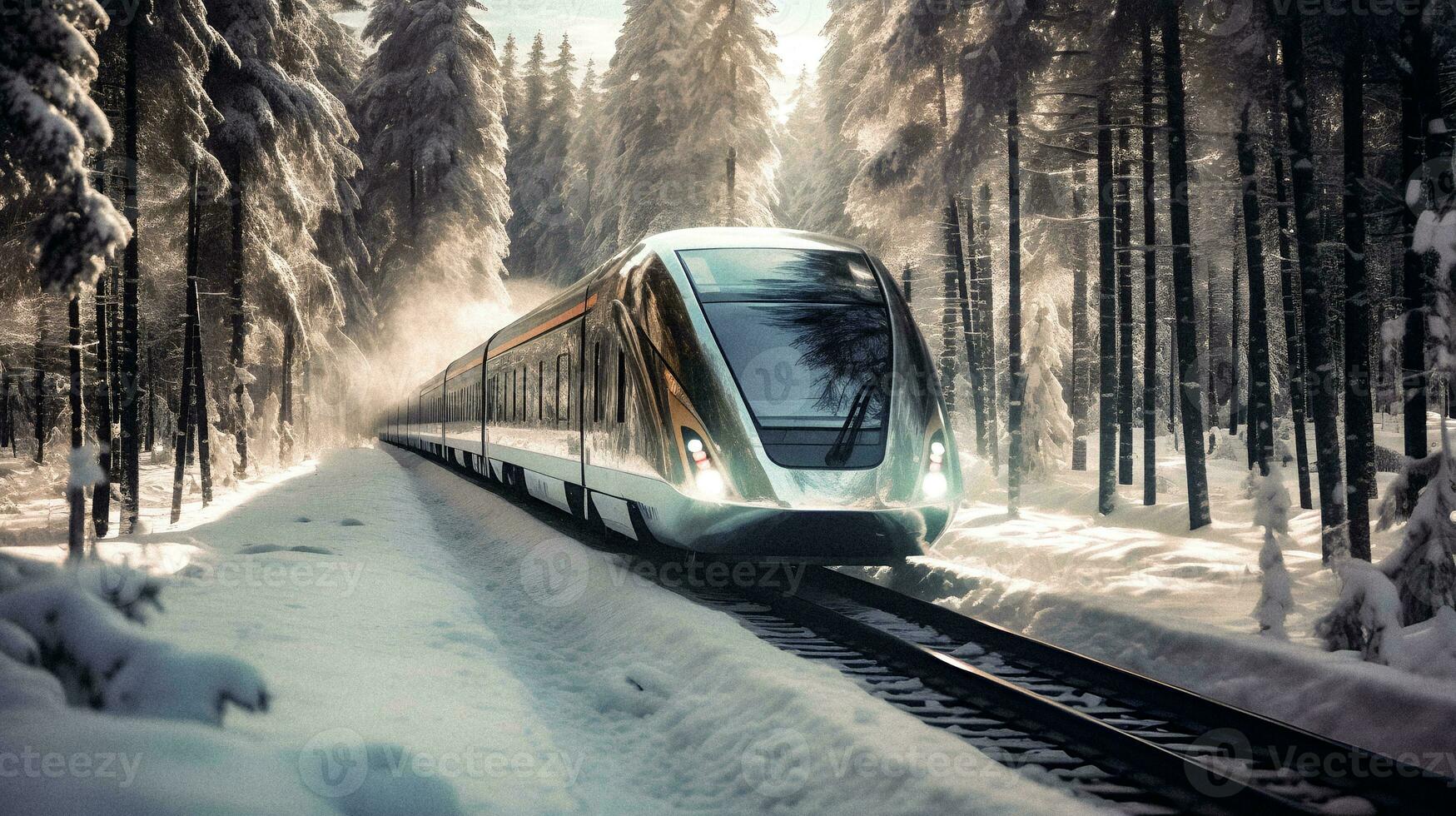 Futuristic Train Journey Through Frozen Forest   generative ai photo