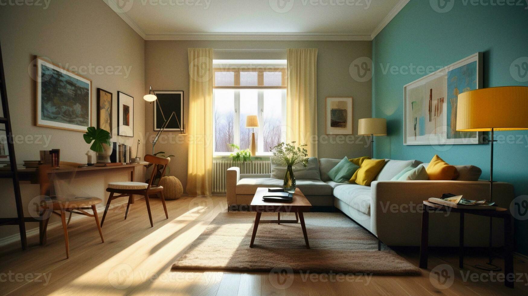 an elegant American living room in 1950s style   generative AI photo