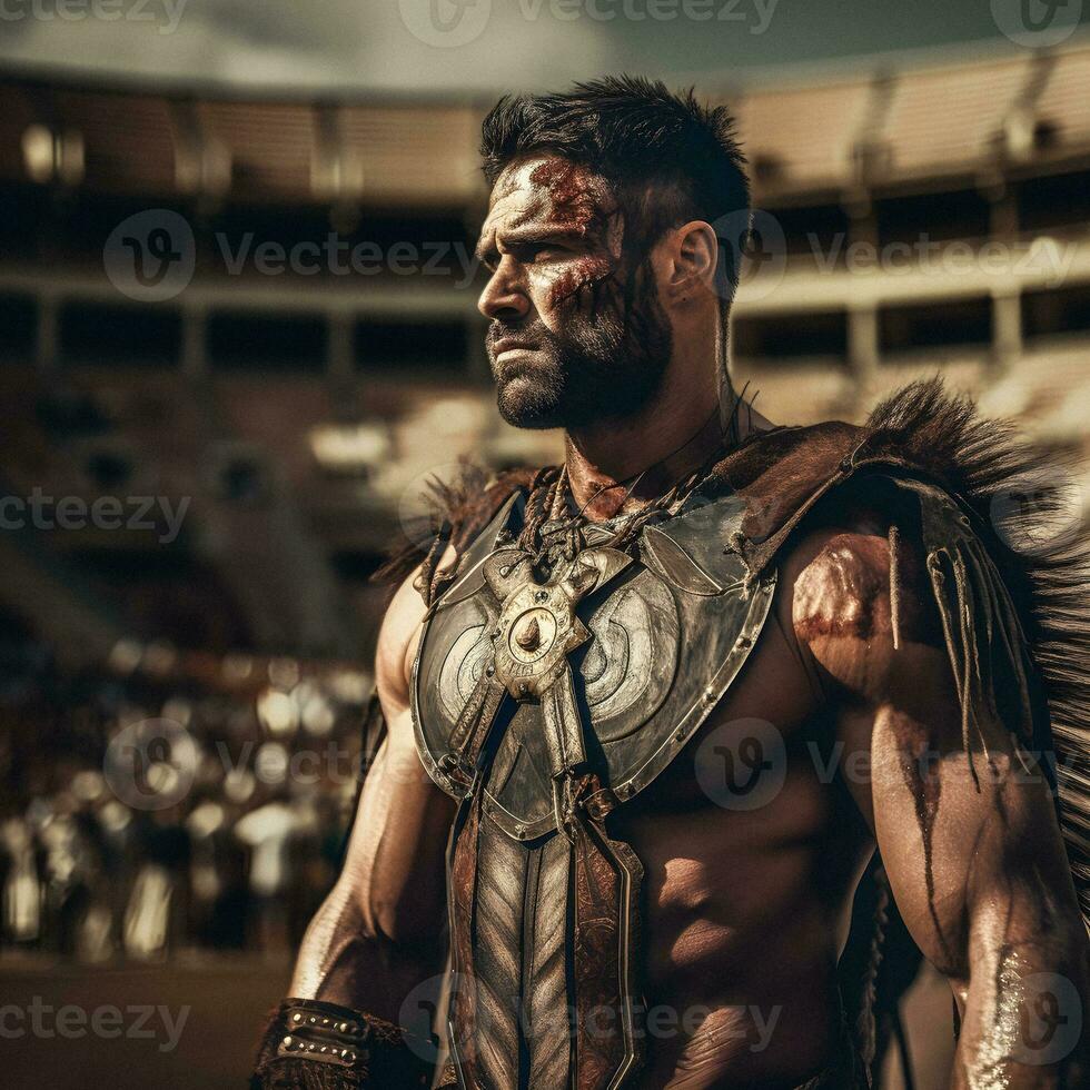 vikingo gladiador en post apocalíptico romano arena. generativo ai. foto