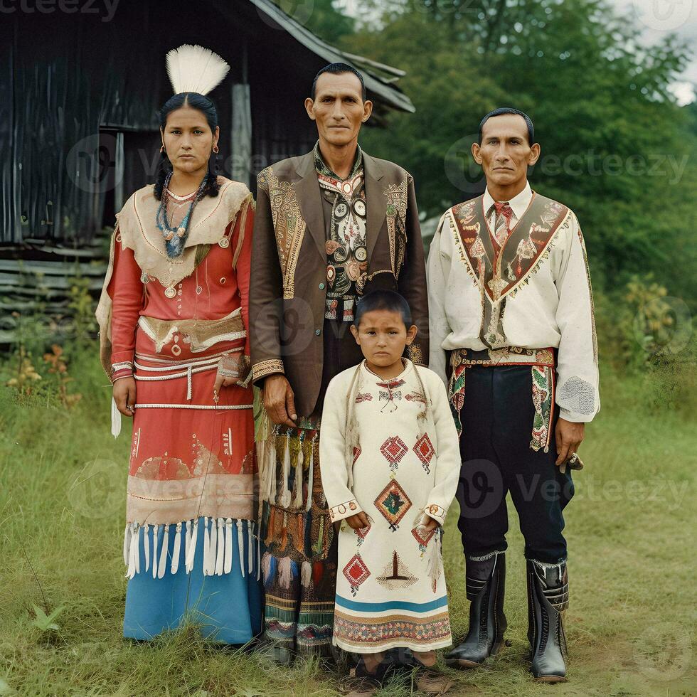 tradicional nativo americano familia atuendo, generativo ai foto