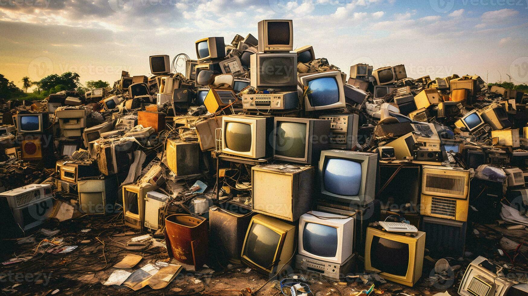 mi residuos reciclaje un pila de Clásico electrónica Listo para renovación generativo ai foto