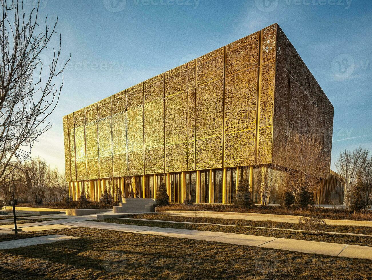 Eco Friendly Building Bathed in Golden Sunlight   generative AI photo