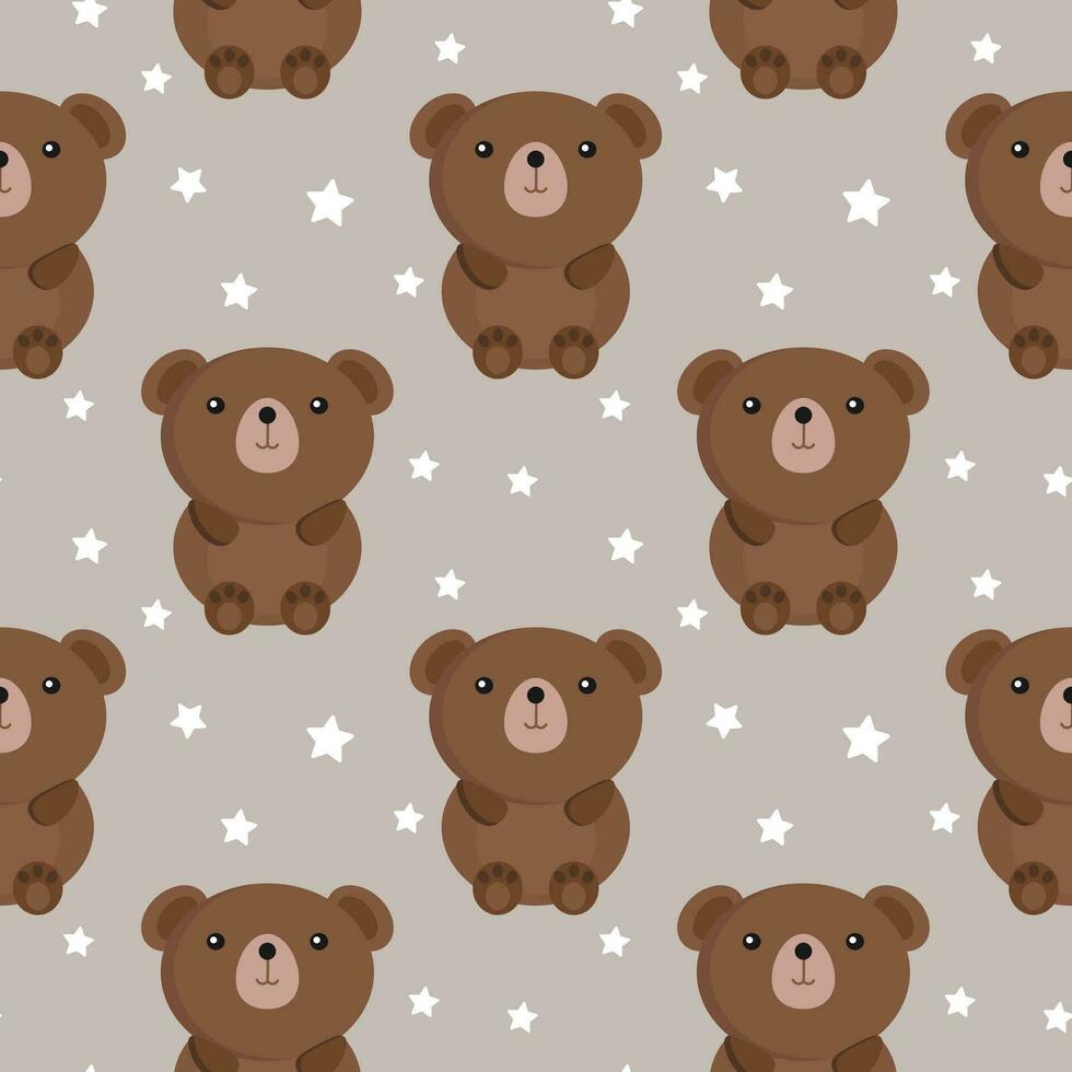 Seamless pattern, cute cartoon bears on a starry background. Children's print, textile, background, vector