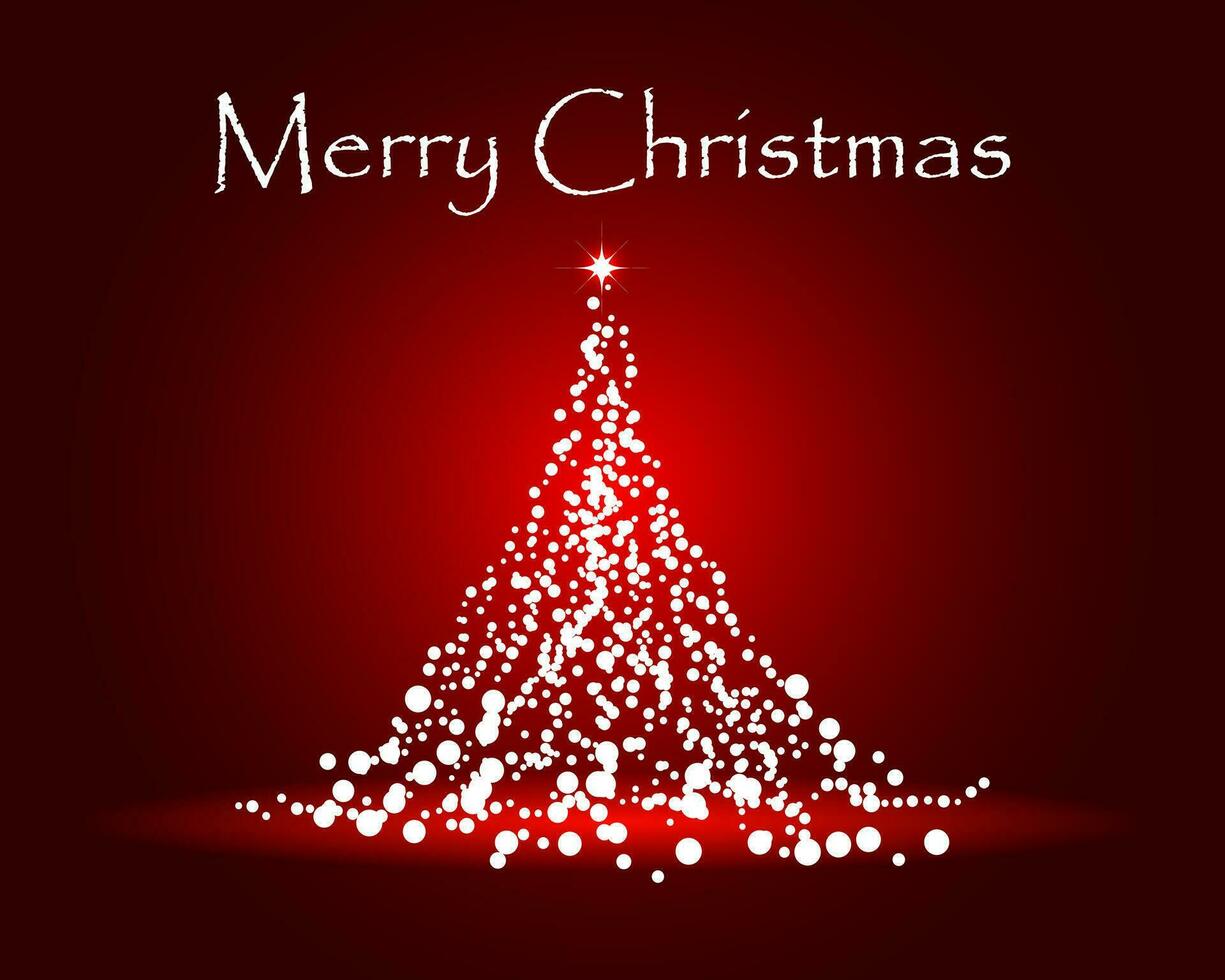 White abstract Christmas tree on a red festive background with lights. illustration, christmas card, vector