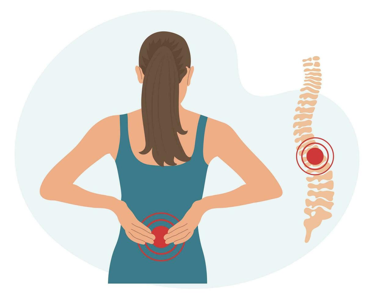 Woman with pain in the cervical and lumbar vertebrae. Back pain, muscle pain, osteoarthritis, rheumatoid arthritis. Medicine. Illustration, vector