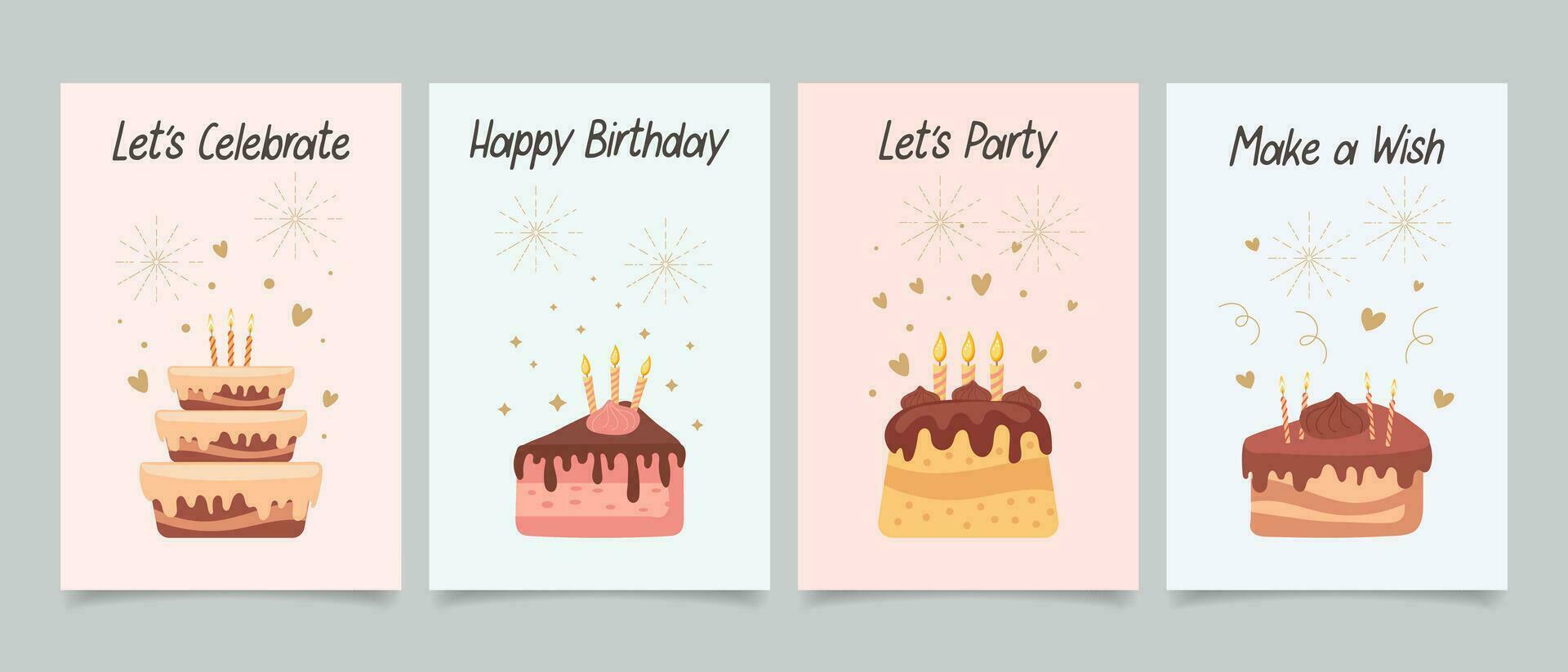 Happy birthday. Set of greeting cards with cakes and candles and calligraphy lettering. Cute congratulations templates in flat style. Vector