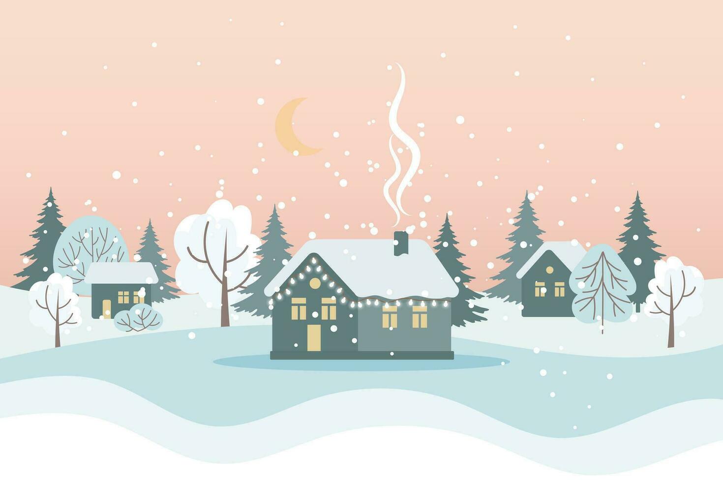 invierno paisaje con linda casas, arboles y noche cielo con luna, alegre Navidad saludo tarjeta modelo. ilustración en plano estilo. vector