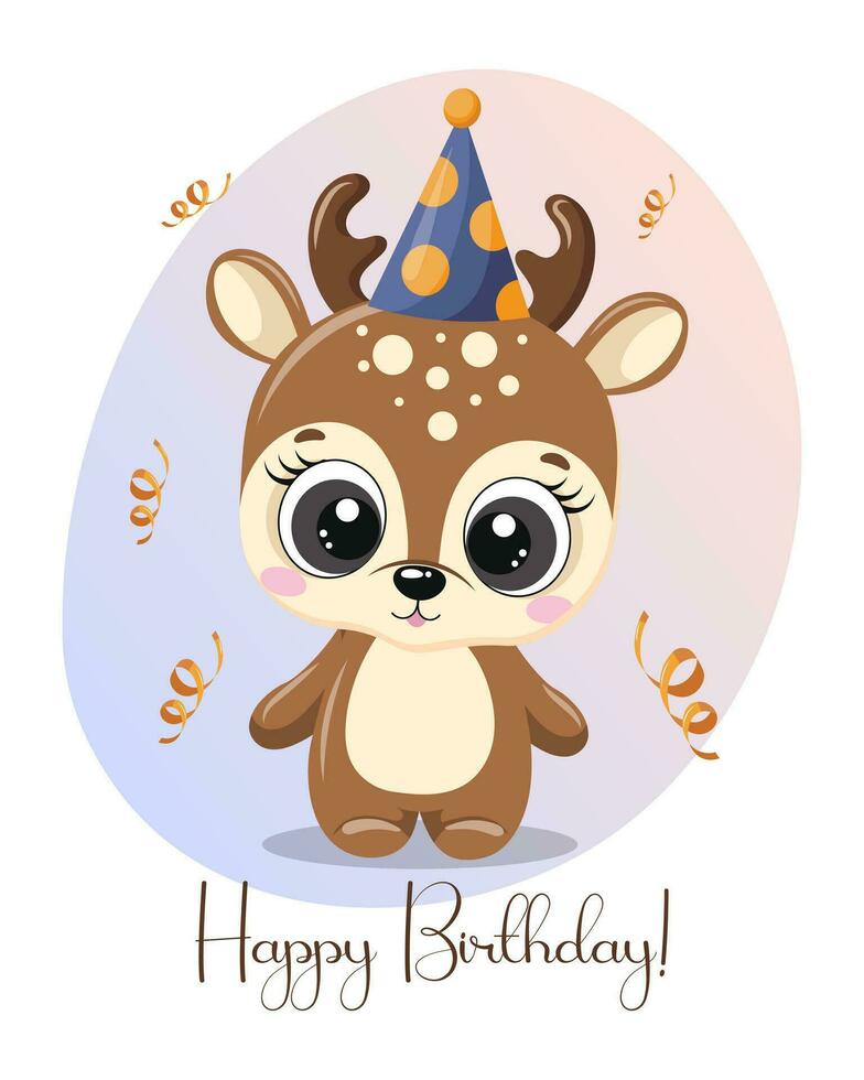 Happy birthday greeting card, cute little deer in a festive hat on a background with golden serpentines. Print, vector