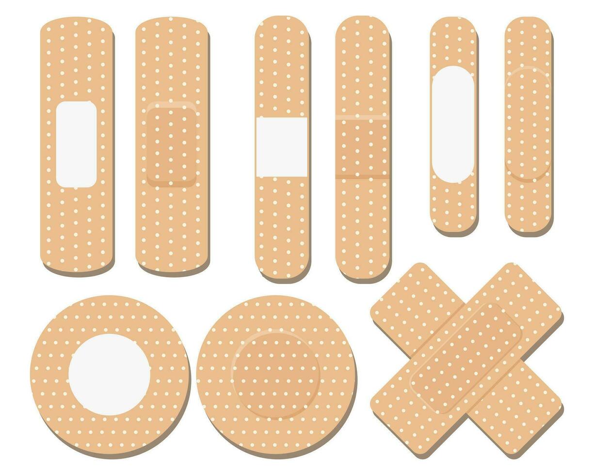 A set of medical bandages of various shapes. Various forms of adhesive tape for first aid. Medical icons. Vector