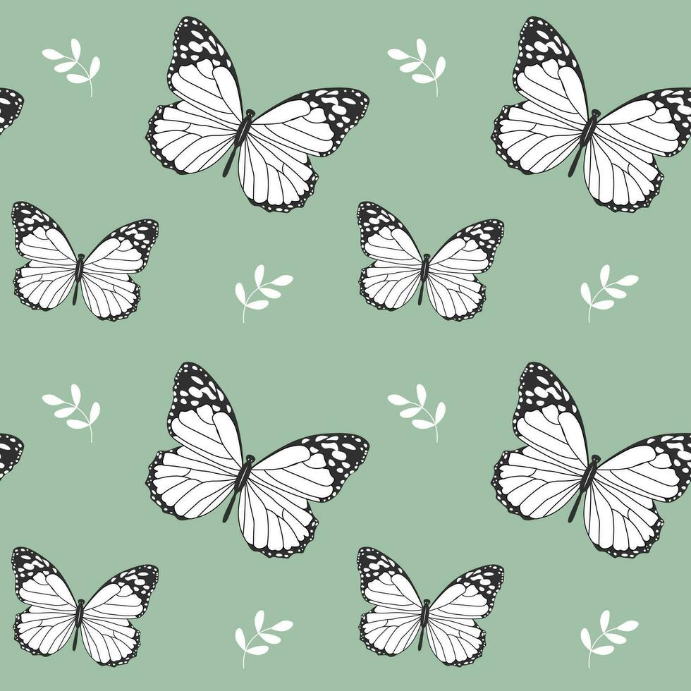 Seamless pattern, butterflies and small leaves on a green background. Print, background, textile, vector