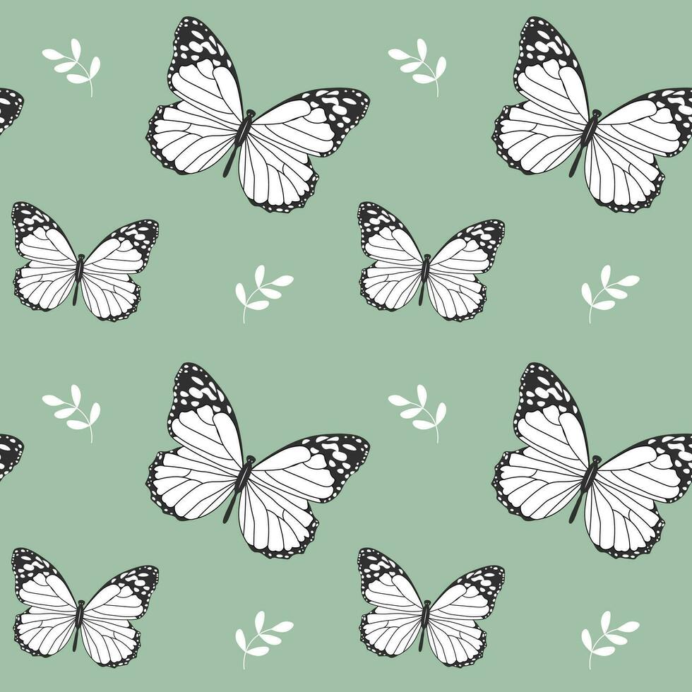 sin costura patrón, mariposas y pequeño hojas en un verde antecedentes. imprimir, fondo, textil, vector