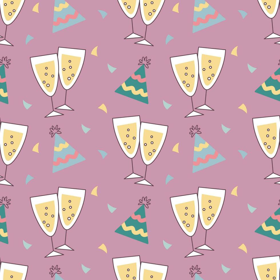 Festive seamless pattern, champagne glasses and fireworks. Festive background, print, vector
