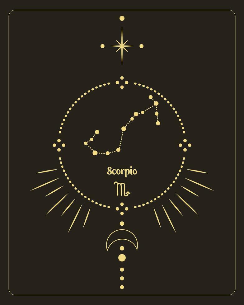 Magic astrology poster with scorpio constellation, tarot card. Golden design on a black background. Vertical illustration, vector