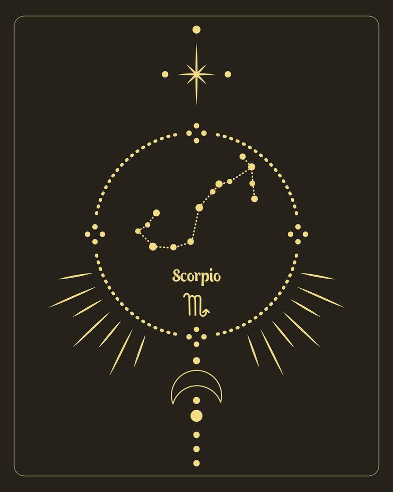 cartel de astrología mágica con constelación de escorpio, carta de tarot. diseño dorado sobre fondo negro. ilustración vertical, vector