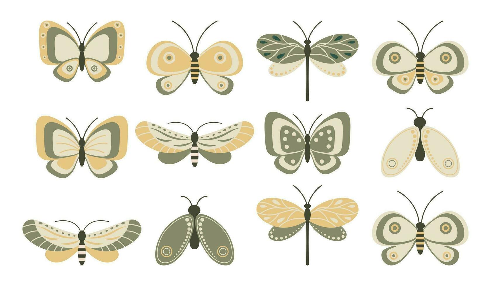 conjunto de insectos, mariposas, libélulas y polillas. colores pastel iconos, vectores