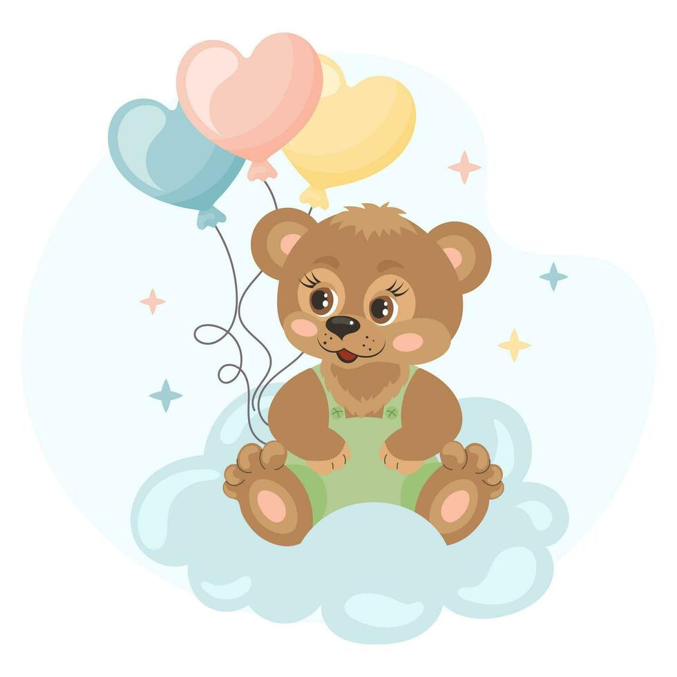 Cute cartoon teddy bear with balloons on a cloud. Illustration in flat style. Children's birthday card. Vector