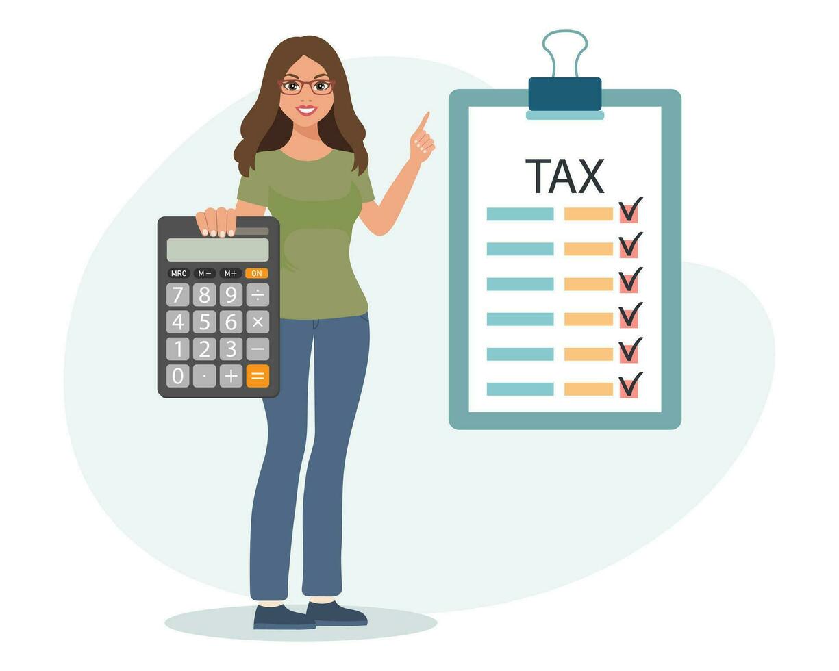 Woman with calculator and tax form. Tax payment concept. Financial tax accounting, audit or accounting services. Cartoon illustration. Vector