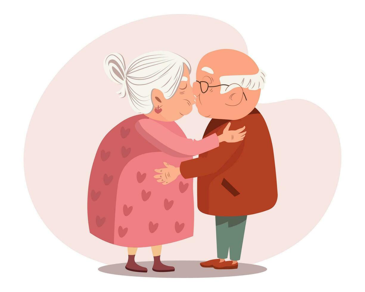 Happy family, elderly couple in love, old man and old lady kissing. Illustration, vector